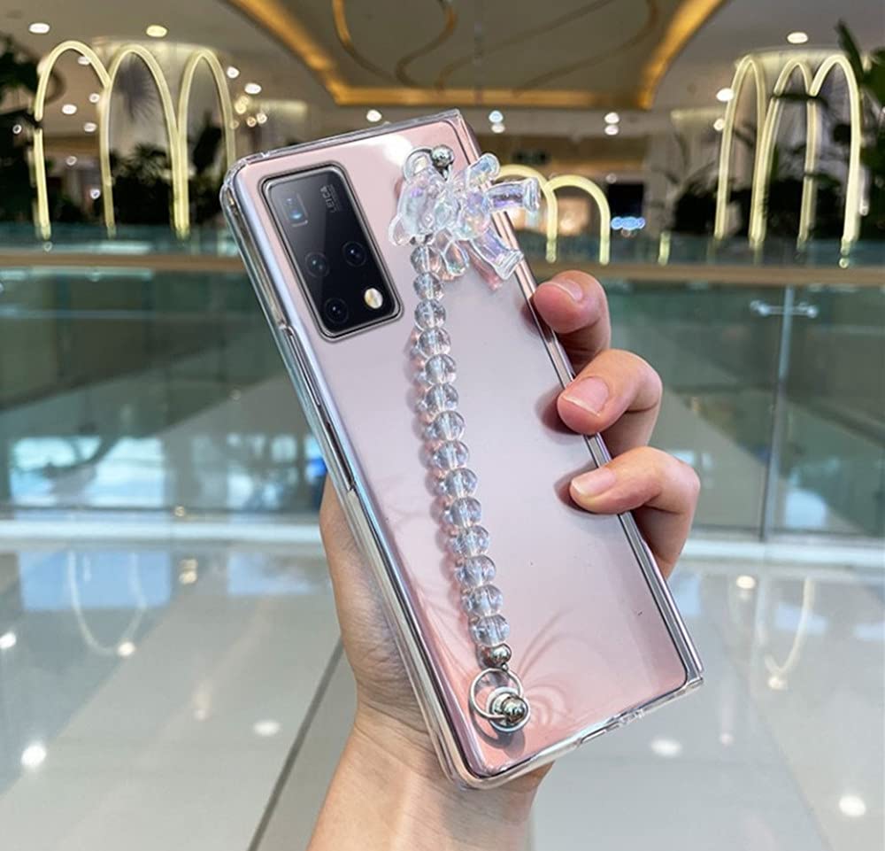 [Australia - AusPower] - for Samsung Galaxy Z Fold 3 Case Bling Cute Bear Bead Strap,Luxury Clear Frosted PC Back Soft TPU Airbag Protection,Slim Lightweight Shockproof Phone Case for Samsung Z Fold 3 for Girls Women White 