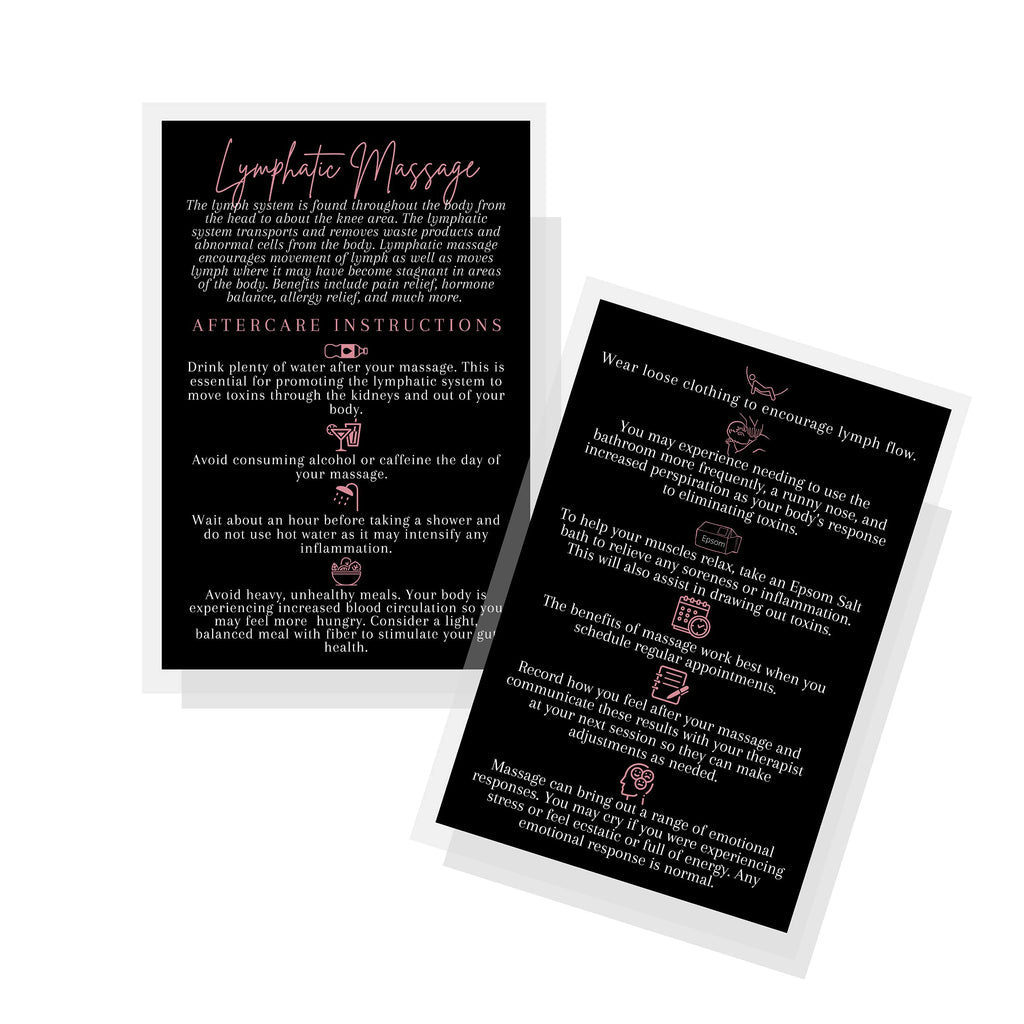 [Australia - AusPower] - Lymphatic Massage Aftercare Card | 30 Pack | Size 4x6" inch Postcard | Black & Rosey Pink Design 