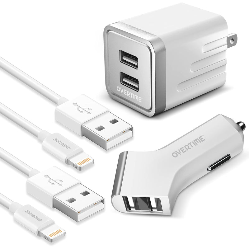 [Australia - AusPower] - iPhone Charger, Overtime Apple MFi Certified 4ft Lightning USB Cables with Dual Port Wall & Car Charger Adapter for iPhone 11 Pro Max X Xs XR 8 7 6s 5 SE, iPad Pro Air Mini - White Two Cable 