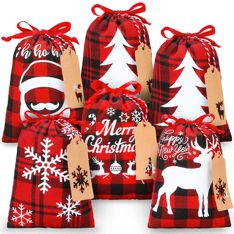 [Australia - AusPower] - 15 Pieces Christmas Plaid Bags with Drawstring Cloth Fabric Gift Bags Xmas Treat Candy Bag Sacks with 15 Tag Labels and 9.84 Feet Rope for Birthday Christmas Party Favor, 5 Styles 