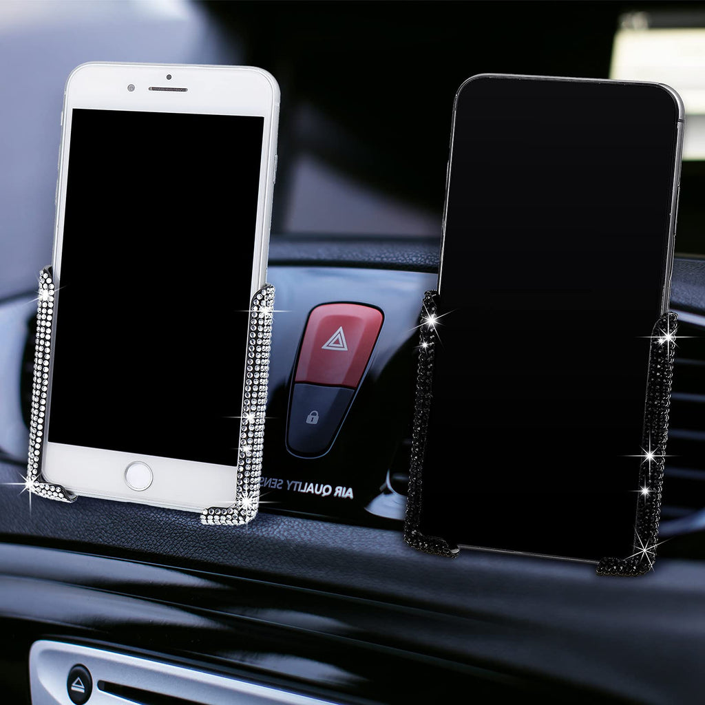 [Australia - AusPower] - 2 Pieces Bling Car Phone Holder 360 Degrees Adjustable Crystal Auto Car Mount Phone Holder Mini Universal Car Dash Air Vent Automatic Phone Mount for Women and Girls Car Accessories Black, White 