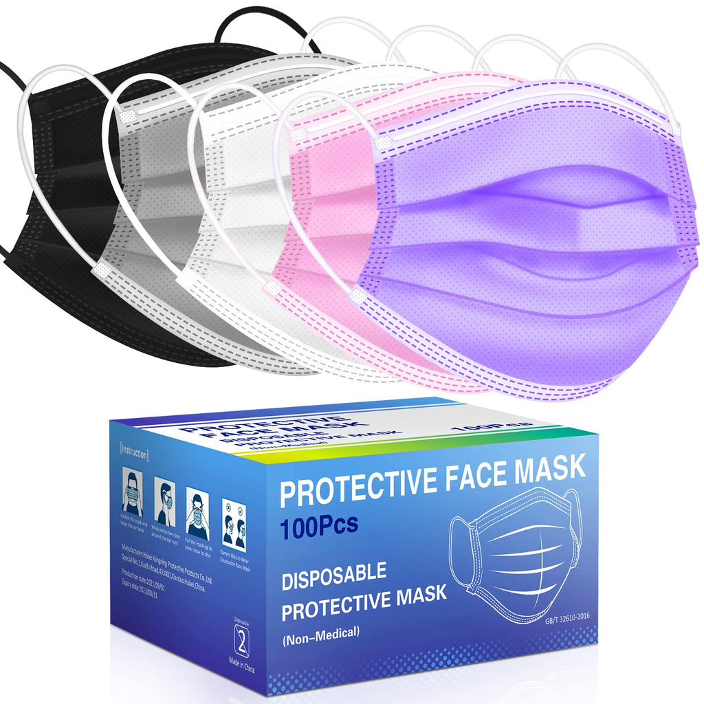 [Australia - AusPower] - Zoonana 100Pcs Disposable Face Mask Colorful Face Mask for Adult Men & Women Black White Grey Pink Purple Multicolour Face Mask for Outdoor. 