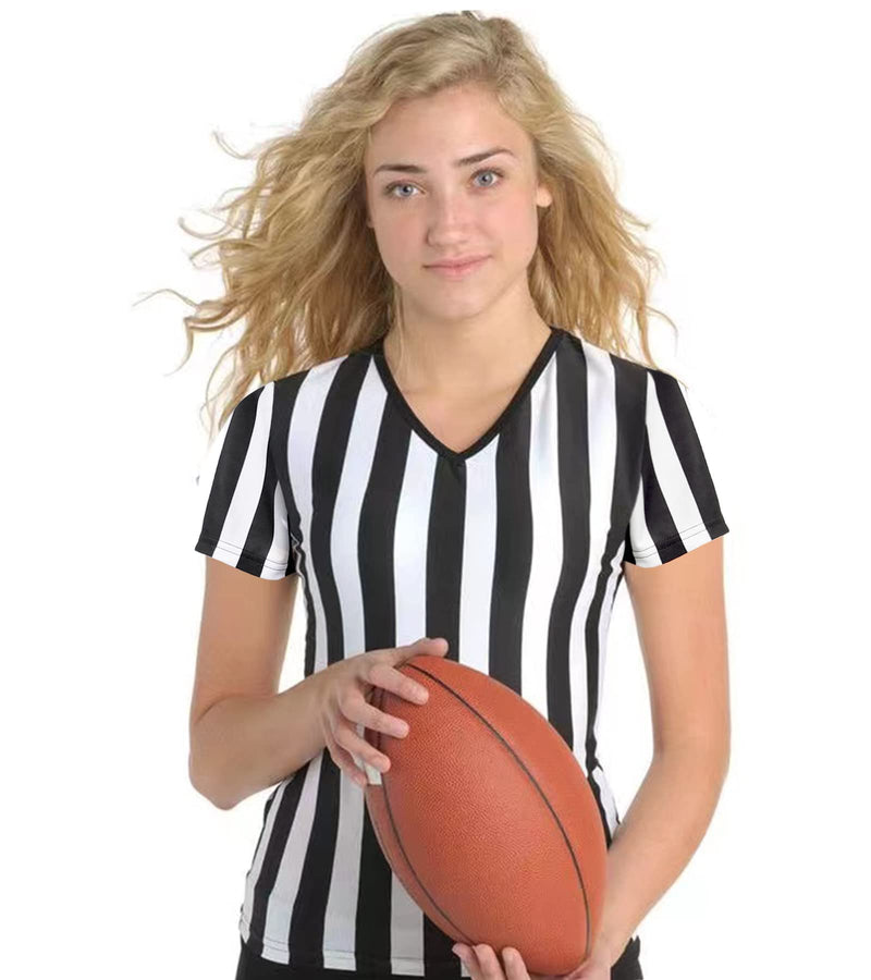 [Australia - AusPower] - Amoy Women's Referee Shirt Black & White Stripe Costume Short Sleeve Umpire Jersey Football Soccer Christmas Accessories Small 