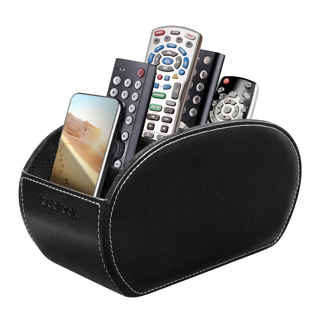 [Australia - AusPower] - Cabilock Remote Control Holder with 5 Compartments PU Black Leather Remote Caddy Desktop Organizer for Table TV Remotes Media Controllers Office Supplies Makeup Brush 