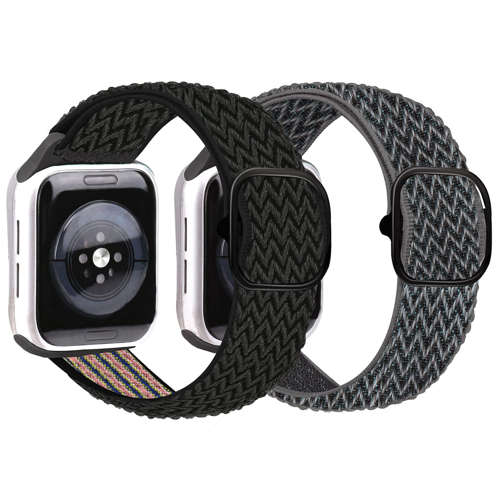 [Australia - AusPower] - Pack of 2 Stretchy Nylon Solo Loop Bands Compatible with Apple Watch 38mm 40mm 42mm 44mm 45mm, Sport Elastics Nylon Adjustable Stretch Braided with iWatch Series 7 6 5 4 3 2 1 SE for Women Men, Flying Leaves Black/Cloud Grey 38mm/40mm/41mm 