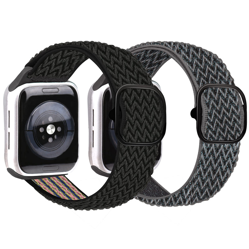 [Australia - AusPower] - Pack of 2 Stretchy Nylon Solo Loop Bands Compatible with Apple Watch 38mm 40mm 42mm 44mm 45mm, Sport Elastics Nylon Adjustable Stretch Braided with iWatch Series 7 6 5 4 3 2 1 SE for Women Men, Flying Leaves Black/Cloud Grey 38mm/40mm/41mm 