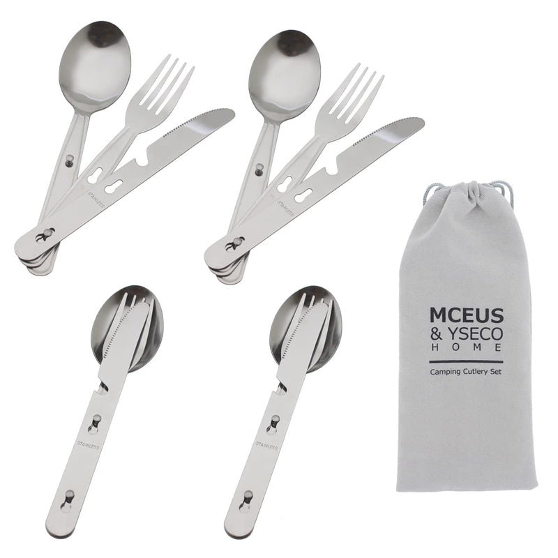 [Australia - AusPower] - 4-in-1 Camping Utensils Hiking Cutlery Set for 4, Portable Stainless Steel Flatware Spoon Fork, Knife & Bottle Opener Combo pack for Picnic Travel/Barbecue/Backpack Outdoor Gear with Carrying Bag 