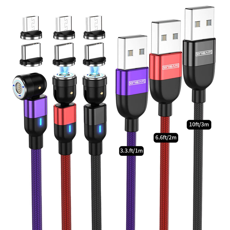 [Australia - AusPower] - ANISAM 3 in 1 Magnetic Charging Cable (3 Pack, 3.3ft+6.6ft,9.9ft), 360°&180° Rotation 3A Fast Charging Data Transfer USB Magnetic Phone Charger, Compatible with All Mobile Devices, Micro USB, Type C THREE PACK 3.3FT/6.6FT/9.9FT Black,Red,Purple 