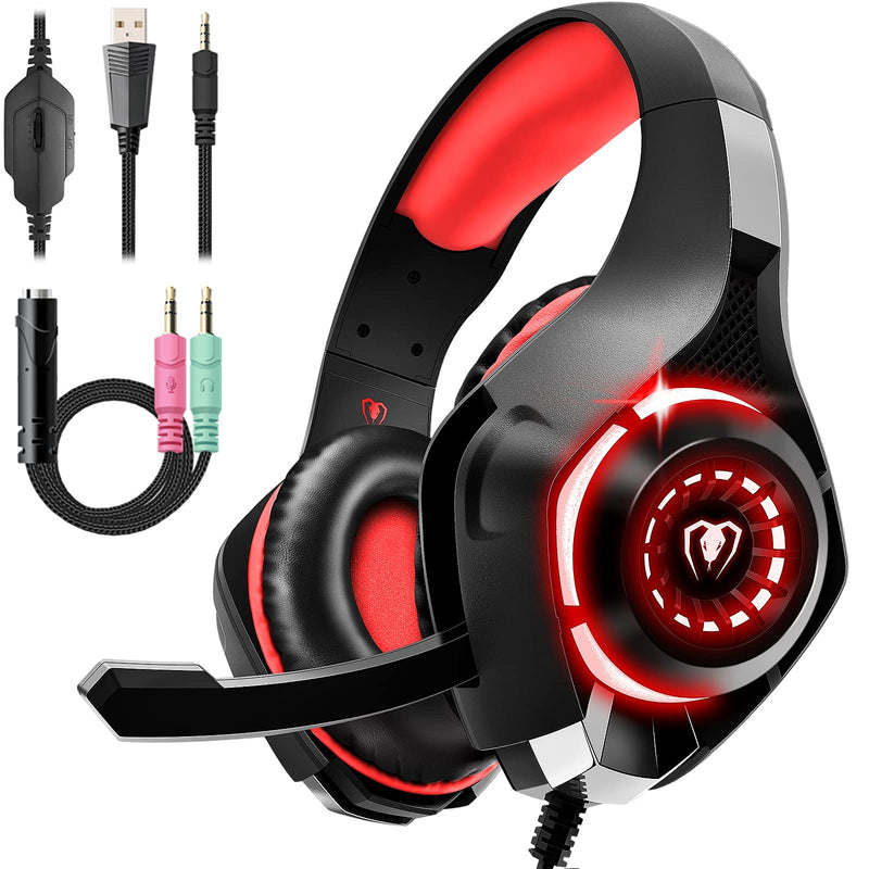 [Australia - AusPower] - Gaming Headset for PS4 PS5 Xbox One Switch PC with Noise Canceling Mic, Deep Bass Stereo Sound (Black Red) Black Red 