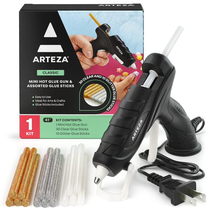 [Australia - AusPower] - Arteza Mini Glue Gun for Crafts, 20W, 30 Clear and 10 Glitter Glue Sticks, Built-in Stand, Arts & Crafts and Scrapbooking Supplies 