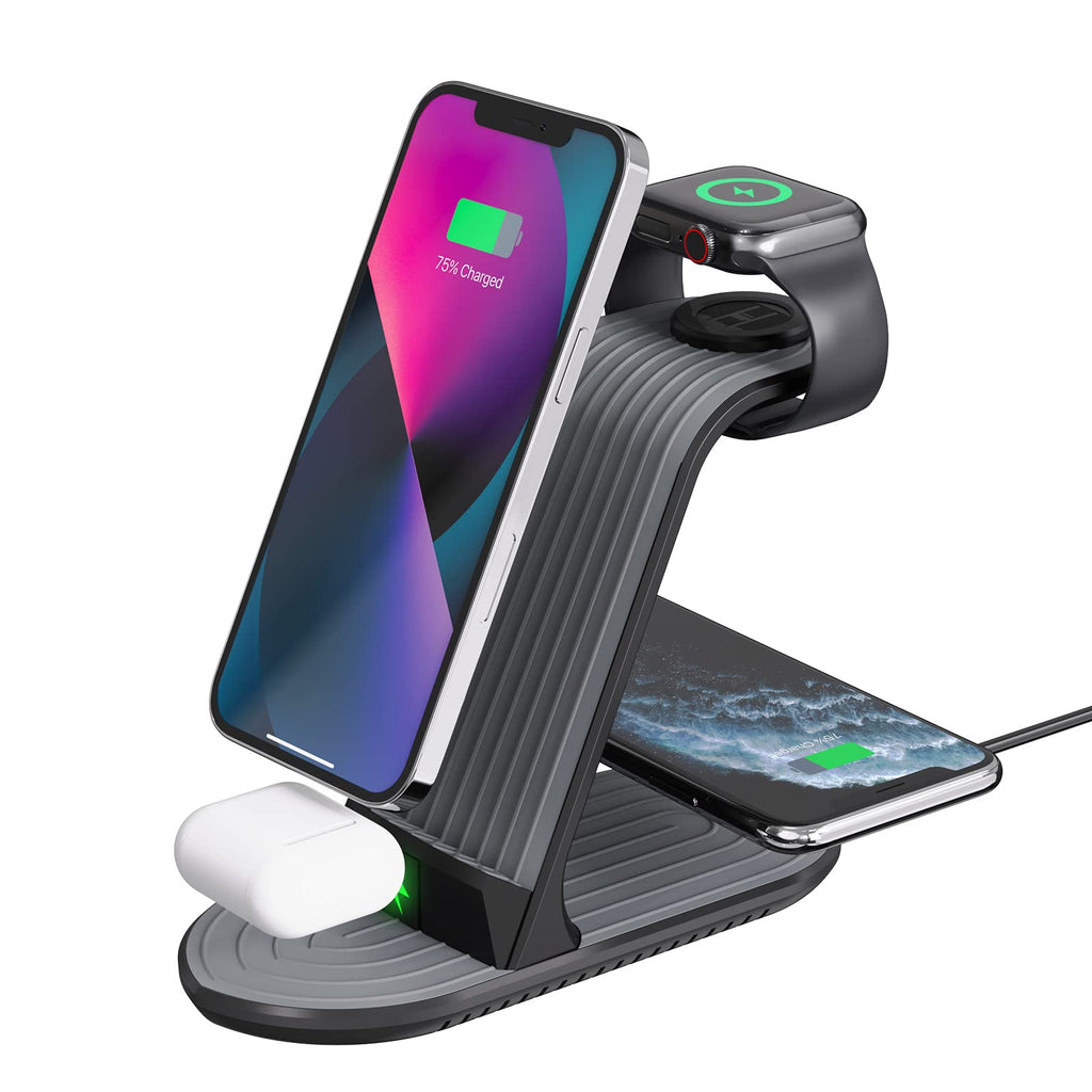 [Australia - AusPower] - 4 in 1 Wireless Charging Station, 20W Fast Wireless Charger for Multiple Devices Apple iWatch 7/SE/6/5/4/3/2 iPhone 13/13 Pro Max/13 Pro/12/11 AirPods Pro(with QC 3.0 Adapter) Grey+Black 
