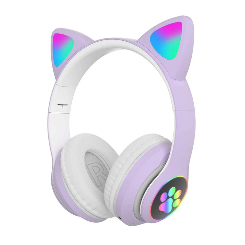 [Australia - AusPower] - Light Up Cat Headphones Wireless Gaming Headset Foldable Over Ear Bluetooth Earphone Cat Ear Headphones for Kids Adult (Purple) Purple 
