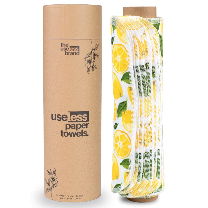 [Australia - AusPower] - The Useless Brand Reusable Paper Towels Roll | 12 Eco Friendly Washable Cotton Flannel Towels w/ Cardboard Roll | Zero Waste & Sustainable | Fits on All Holders (Lemons, 12 Towels) 