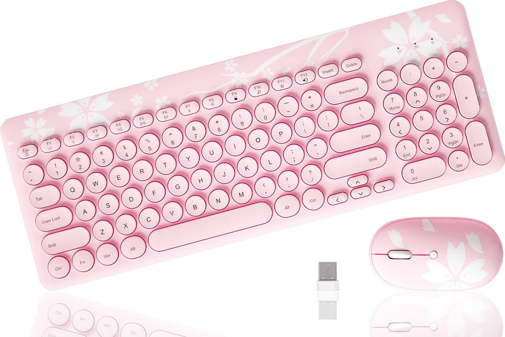 [Australia - AusPower] - Mytrix Cute Sakura Pink Wireless Keyboard Mouse Combo, Retro Type-Writer Keys, 2.4G USB Slim Keyboard Mouse Set with Numeric Keypad for Computer, Laptop, Desktops, Pc, Mac(KMCS01) USB A 