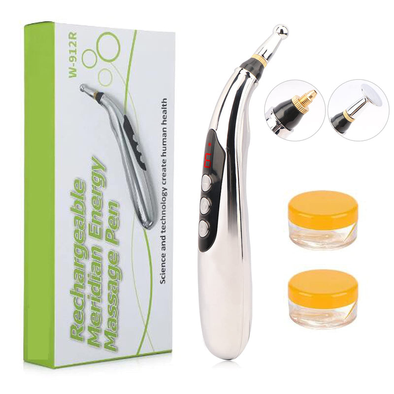[Australia - AusPower] - 3-in-1 Acupuncture Pen Electronic Acupuncture Massage Pen with 3 Massage Heads and 2 Massaging Gel USB Rechargeable Meridian Energy Pen for Pain Relief 