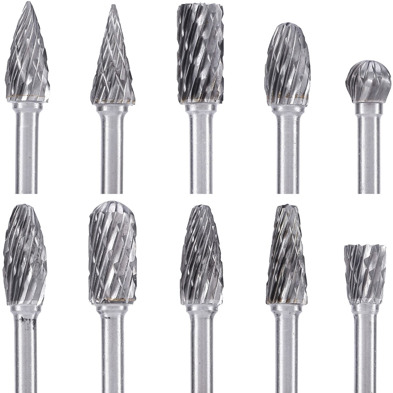 [Australia - AusPower] - Mornajina 10 Pieces Tungsten Carbide Rotary Burr Set, Carbide Double Cut 1/8" / 3mm Shank, 1/4"(6mm) Head Length Tungsten Steel for Metal Carving, Drilling, Engraving, Polishing, Woodworking Set of 10 