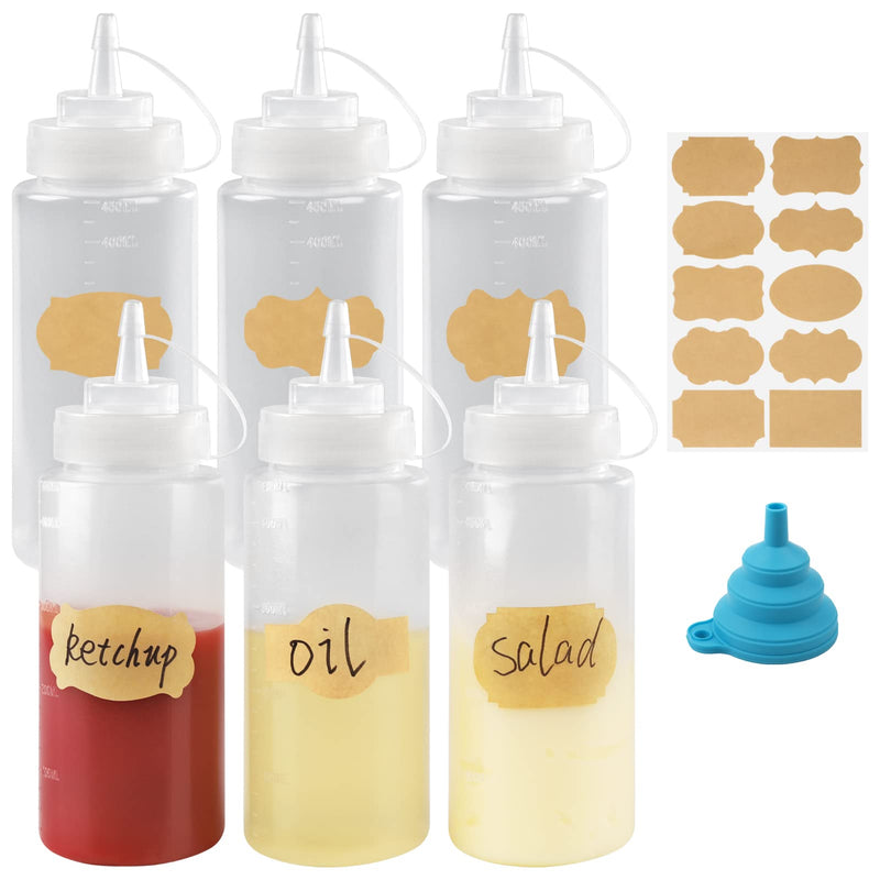 [Australia - AusPower] - 6 Pack Condiment Squeeze Bottles for Sauces 16oz Ketchup Bottle, Leakproof , Clear, Plastic Bottles with Caps, 10 Labels and 1 Funnel (16oz) 
