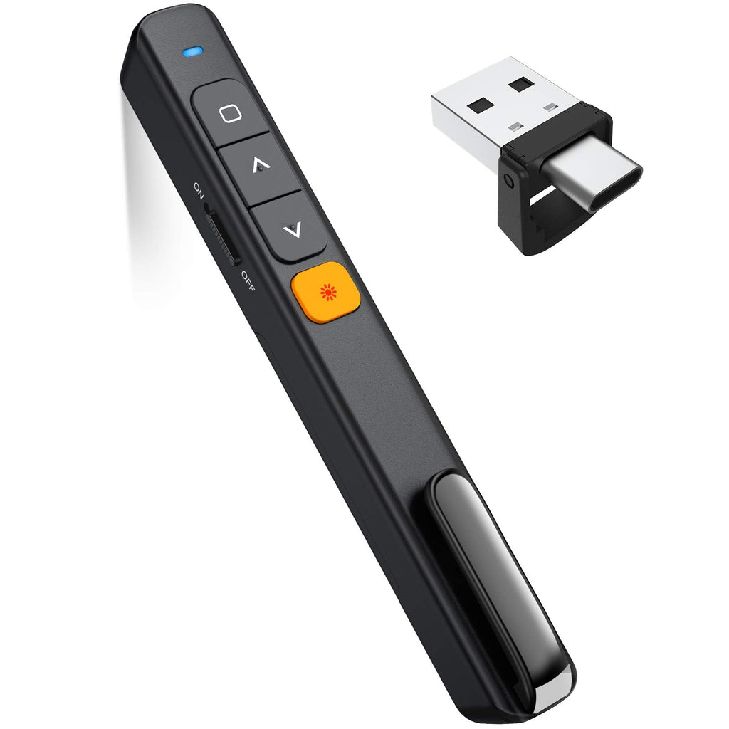 [Australia - AusPower] - DINOSTRIKE 2 in 1 Type C and USB A RF 2.4GHz Presentation Remote Clicker for Powerpoint Presentations with Laser Pointer, Wireless Presenter Side Advancer with Volume Control for Computer Laptop 