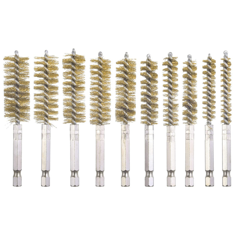 [Australia - AusPower] - WENORA 10 Piece Bore Brush Set- Stainless Steel Bore Brushes with 1/4" Hex Shank Twisted Wire Bore Brushes with Different Bristle Lengths for Tubes Ports Bearings Cleaning, 4 Inch in Length Brass coating 