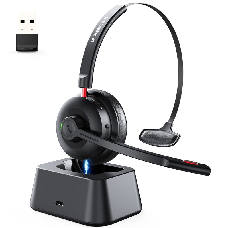 [Australia - AusPower] - Wireless Headset with Microphone, Tribit Bluetooth 5.0 Cell Phone Headphone Qualcomm QCC3020, AI Noise Canceling & CVC 8.0 for Home Office, Mute Button 50H Talk time, USB-A Dongle for PC, CallElite81 BLACK Standard 