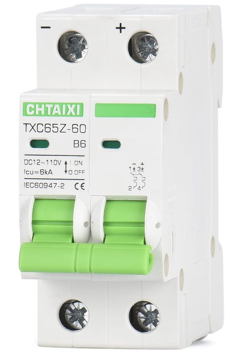 [Australia - AusPower] - 12V-110V DC Miniature Circuit Breaker, 6 Amp 2 Pole Battery Breaker Protector for Solar PV System and RV, Thermal Magnetic Trip, DIN Rail Mount, Chtaixi DC Disconnect Switch B6 6 A 
