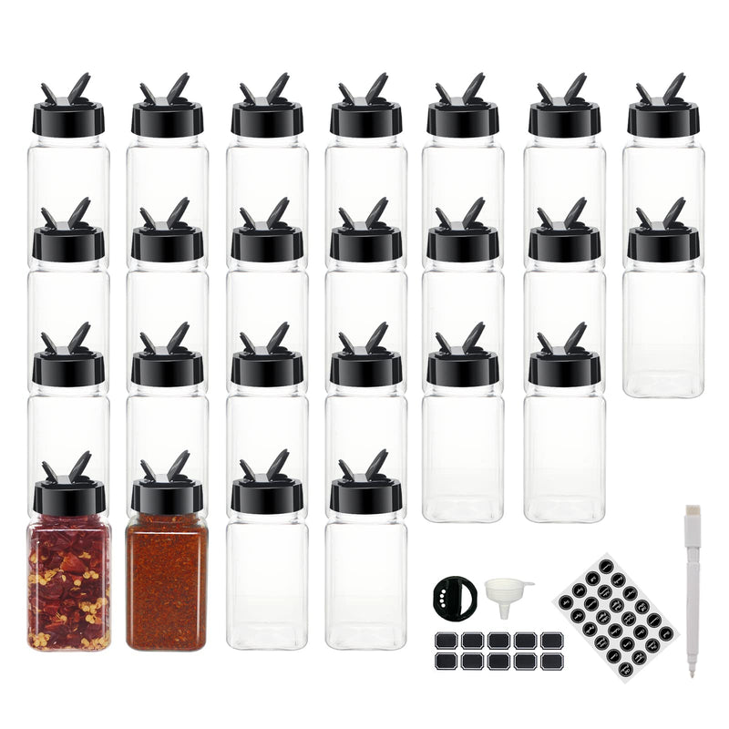 [Australia - AusPower] - BPFY 24 Pack 4oz Clear Plastic Spice Jars With Black Plastic Lids, Square Spice Bottles, Plastic Seasoning Containers with Chalk Labels, Pen, Funnel, Spice Containers For Kitchen Cabinet 