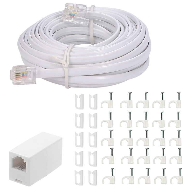 [Australia - AusPower] - Vthahaby 20 Feet Long Telephone Extension Cord Phone Cable Line Wire, with Standard RJ11 Plug and 1 in-Line Couplers and 25 Cable Clip Holders-White white 6 M 