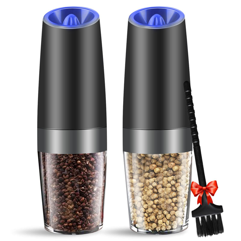 [Australia - AusPower] - MOVNO Gravity Electric Salt and Pepper Grinder Set of 2 with Blue LED Light, Battery Powered Pepper Automatic Mill Grinder with a Brush, Adjustable Coarseness, One Hand Operation, Black 2 pack 