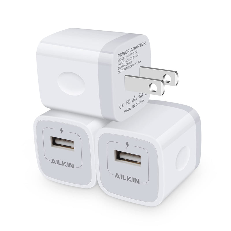 [Australia - AusPower] - USB Charger, iPhone Wall Charger Block, AILKIN 3Pack Single Port iPhone Fast Charging Power Adapter Plug Cube Compatible with iPhone 13 12 Pro Mini Max SE 11 10 XR, Samsung Galaxy S22 S21 A52, Google White 