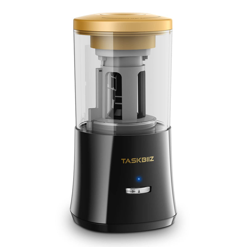 [Australia - AusPower] - Taskbiiz Electric Pencil Sharpener, Rechargeable Automatic Pencil Sharpener, Auto Feed & Release, Pencil Sharpener for Colored Pencils(6-8mm)/No.2, Sharpen 300+ Times for 1.5-hr Charge (Black+Gold) Black 