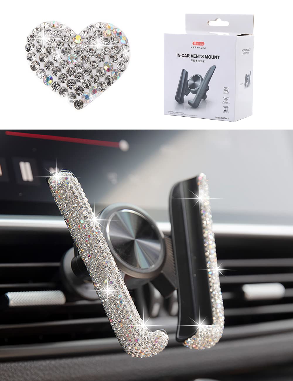 [Australia - AusPower] - Bling Car Phone Holder, Phone Holder for Car, Bling Cell Phone Car Mount, Car Phone Holder Mount – Universal, 360° Flexible, Car Accessories for Women with Car Air Vent Clip Charms (White with Heart) White with Heart 