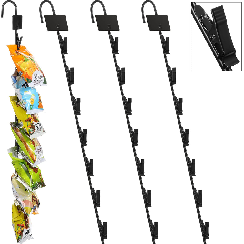 [Australia - AusPower] - Retail Display 4 Pcs Metal Display Stand for Vendors Chip Holder for Concession and Pantry Clip Strip Potato Chip Bag Rack with Label Header and 7 Clips Hanging Merchandise Strips with Hooks (Black) Black 
