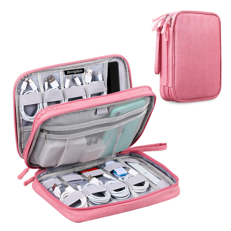 [Australia - AusPower] - Bevegekos Large Electronics Organizer, Travel Accessories Cord Organizer Pouch for 7.9 Inch Tablet, Cables, Charger, Power Adapter, 2 Layers (Large, Rosy Pink) 