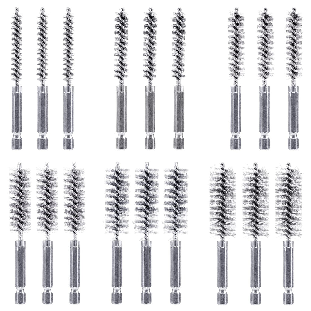 [Australia - AusPower] - 18-Piece Bore Brush Set- Stainless Steel Bore Brushes with 1/4" Hex Shank Twisted Wire Bore Brushes with Different Bristle Lengths for Tubes Ports Bearings Cleaning (8mm, 10mm, 12mm, 15mm, 17mm, 19mm) 