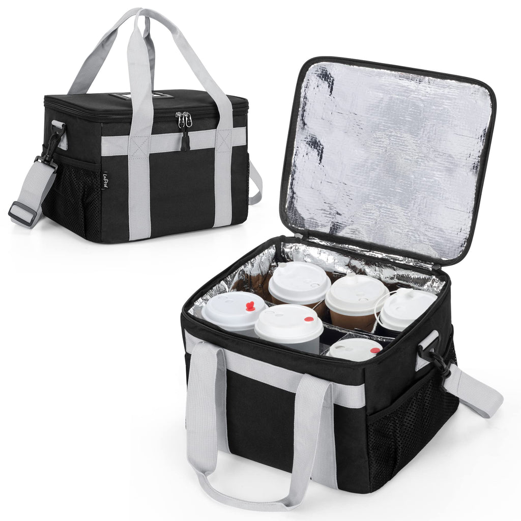 [Australia - AusPower] - LoDrid Reusable 6 Cups Drink Carrier for Delivery with Bottom Padded Pad, Cup Holder Bag with Removable Dividers, Portable Drink Tote Bag with Shoulder Strap for Take Out, Outdoors, Travel, Black 6-CUP 