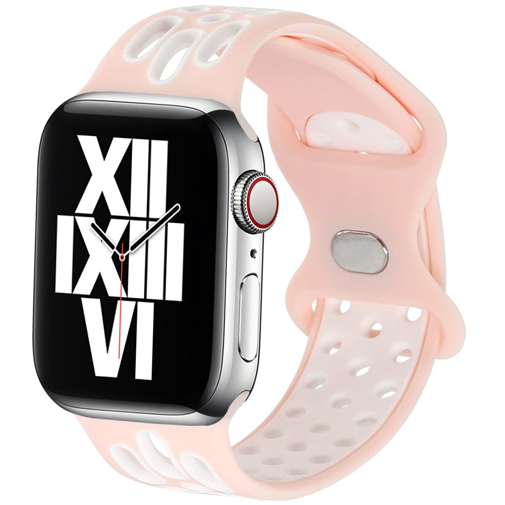 [Australia - AusPower] - HNRUY Sport Bands Compatible with Apple Watch Band 38mm 40mm 41mm 42mm 44mm 45mm,Breathable Soft Silicone Replacement Strap Women Men For iWatch Series 7/6/5/4/3/2/1/SE Pink White 38mm/40mm/41mm 