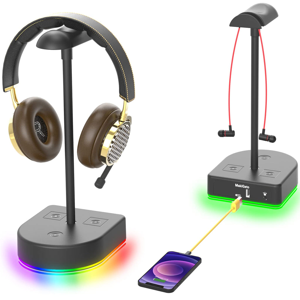 [Australia - AusPower] - RGB Headphone Stand with USB Charging Port or USB Hub, Desk Gaming Headset Holder, Durable Hanger Rack Suitable for Desktop Table, Game,Earphone, PC, Gamer Accessories (Black) 