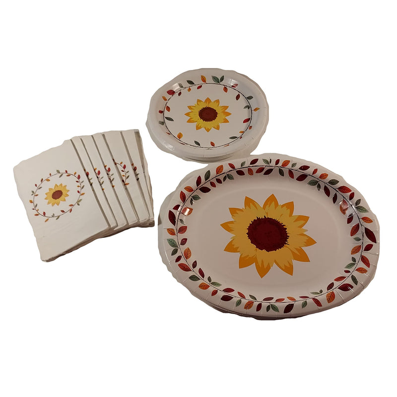 [Australia - AusPower] - Thanksgiving Fall Party Paper Disposable Plates Napkins and Platters - Service for 14 - 18 Dinner Plates 14 Folded Napkins 6 Platters - Sunflowers and Fall Leaf Wreath 