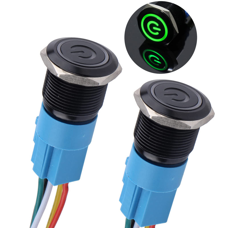 [Australia - AusPower] - DMWD 2PCS 19MM Latching Push Button Switch 12V-24V Power Symbol Light,Self Locking 1NO 1NC Waterproof ON/Off Black Metal Shell Button with Wire Socket Plug for 3/4’’ Mounting Hole(IP66,Green Light) Power Symbol Green 
