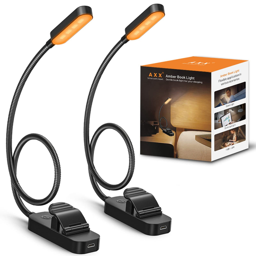 [Australia - AusPower] - Clip on Book Light for Reading in Bed, AXX Rechargeable Reading Lights for Kids, Amber Clip Lights for Reading - LED, Small, Battery Operated, Lightweight, Portable Book Light for Bookworms (2 Pack) 