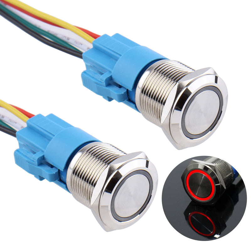 [Australia - AusPower] - DMWD 2PCS 19MM 3/4’’ Momentary Push Button Switch 12V-24V Ring Led 1NO 1NC Self-Reset ON/Off Metal Shell Waterproof with Wire Socket(IP66,Red Led) Red 19mm with Socket 2sets 