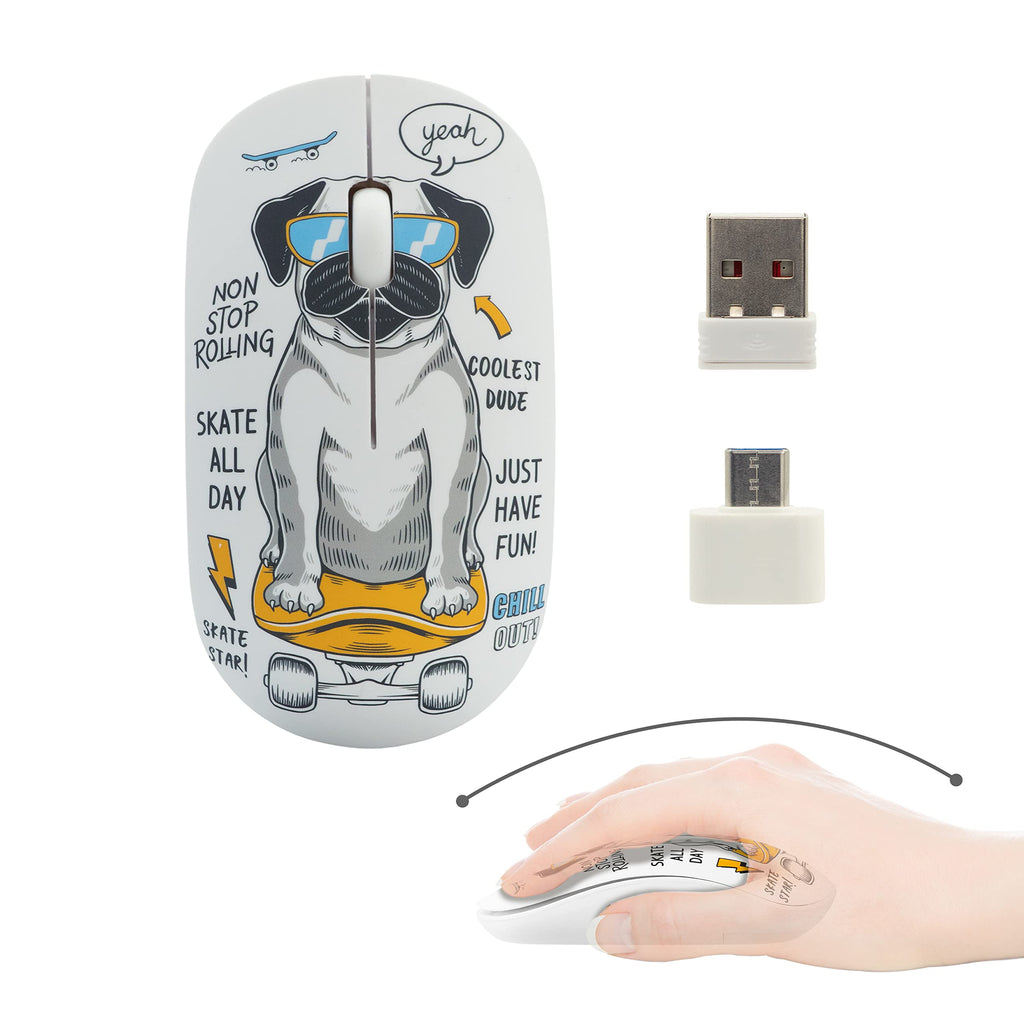 [Australia - AusPower] - Volkano Silent Mouse Wireless for Kids, 2.4GHz Cordless Optical Mouse - Type-C/USB-A Mouse for Laptop, Cute Wireless Mouse, Wireless Mouse for MacBook Pro, MacBook Air Mouse (Skater Pug Pattern) White 