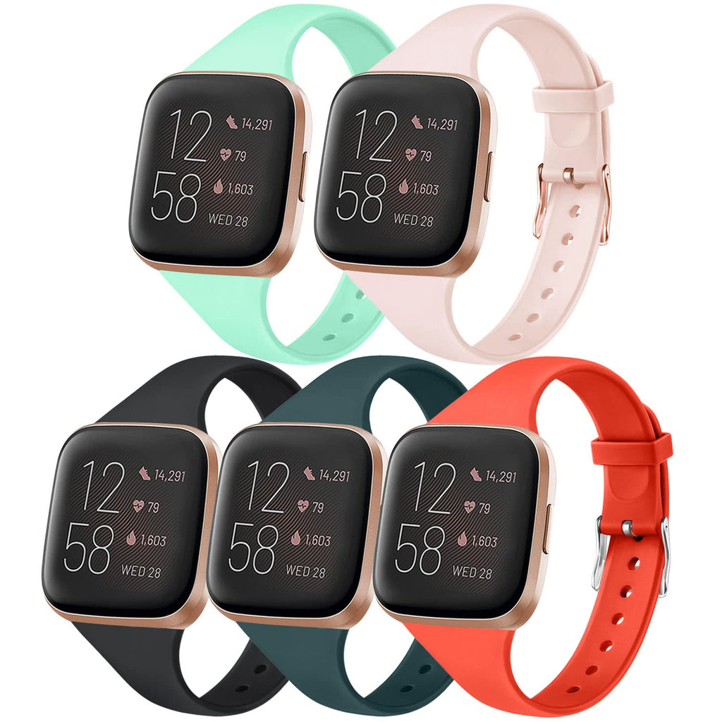 [Australia - AusPower] - 5 Pack Slim Bands Compatible with Fitbit Versa 2 Bands/Fitbit Versa/Fitbit Versa Lite/SE, Soft Silicone Replacement Smartwatch Wristband for Women Men Pink Sand/Mint Green/Black/Red/Dark Green Small 