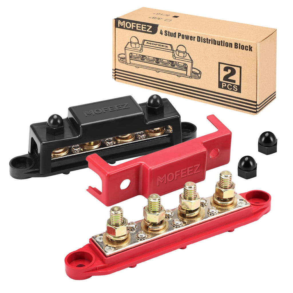 [Australia - AusPower] - Mofeez Power Distribution Block Bus Bar, 4 x 5/16" Posts, 6 x #8 Screws Terminals, Max 48V 250A (Pair, Red & Black) 