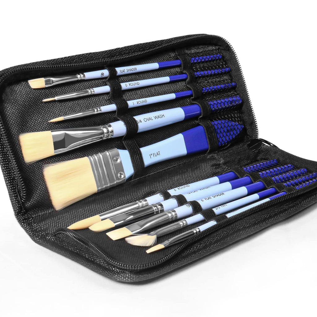 [Australia - AusPower] - ARTIFY 10 Pcs Paint Brush Set Includes a Carrying Case, Premium Hair Brushes for Oil, Watercolor and Gouache Painting, for Kids and Adults, Beginner and Professional (Blue - Synthetic Hair) Blue - Synthetic Hair 