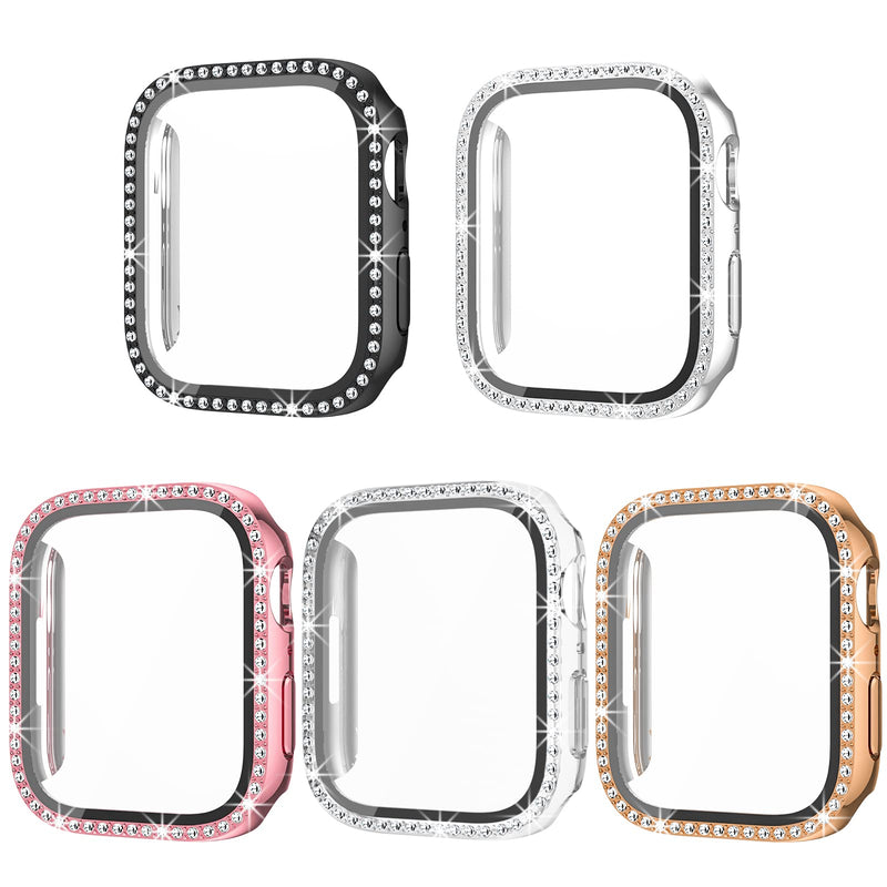 [Australia - AusPower] - Haojavo 5 Pack Case for Apple Watch Series 7 45mm with Tempered Glass Screen Protector, Bling Crystal Diamond Rhinestone Ultra-Thin Bumper Full Cover Protective Case for Iwatch 7 45mm Accessories black/silver/clear/pink/rosegold 