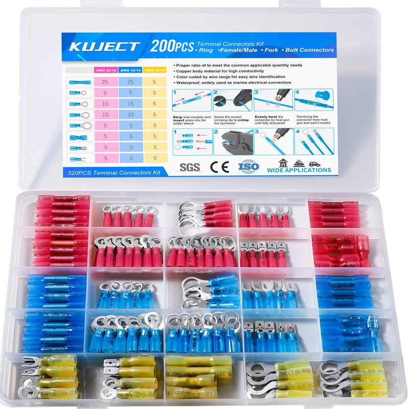 [Australia - AusPower] - Kuject Heat Shrink Wire Connectors, Multipurpose Waterproof Electrical Wire Terminals kit, Insulated Crimp Connectors Ring Fork Spade Butt Splices for Automotive Marine Boat Truck (200PCS) 200PCS 