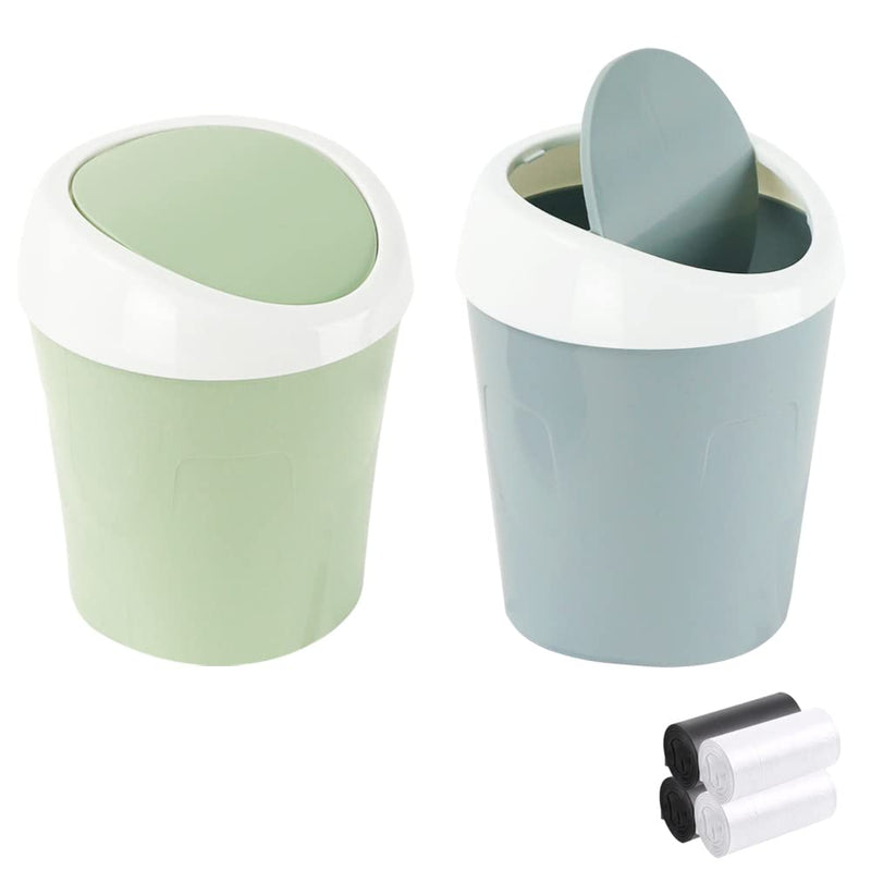 [Australia - AusPower] - SITAKE 2 Pcs Plastic Mini Wastebasket Trash Can with 4 Rolls of Trash Bags, Tiny Desktop Waste Garbage Bin with Swing Lid for Home, Office, Kitchen, Vanity Tabletop, Bedroom, Bathroom (Blue + Green) 