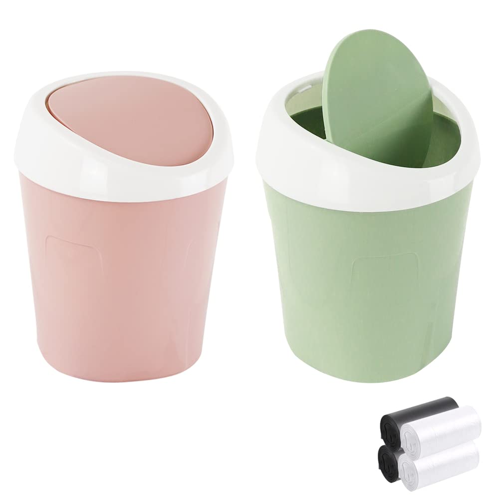 [Australia - AusPower] - SITAKE 2 Pcs Plastic Mini Wastebasket Trash Can with 4 Rolls of Trash Bags, Tiny Desktop Waste Garbage Bin with Swing Lid for Home, Office, Kitchen, Vanity Tabletop, Bedroom, Bathroom (Green + Pink) 