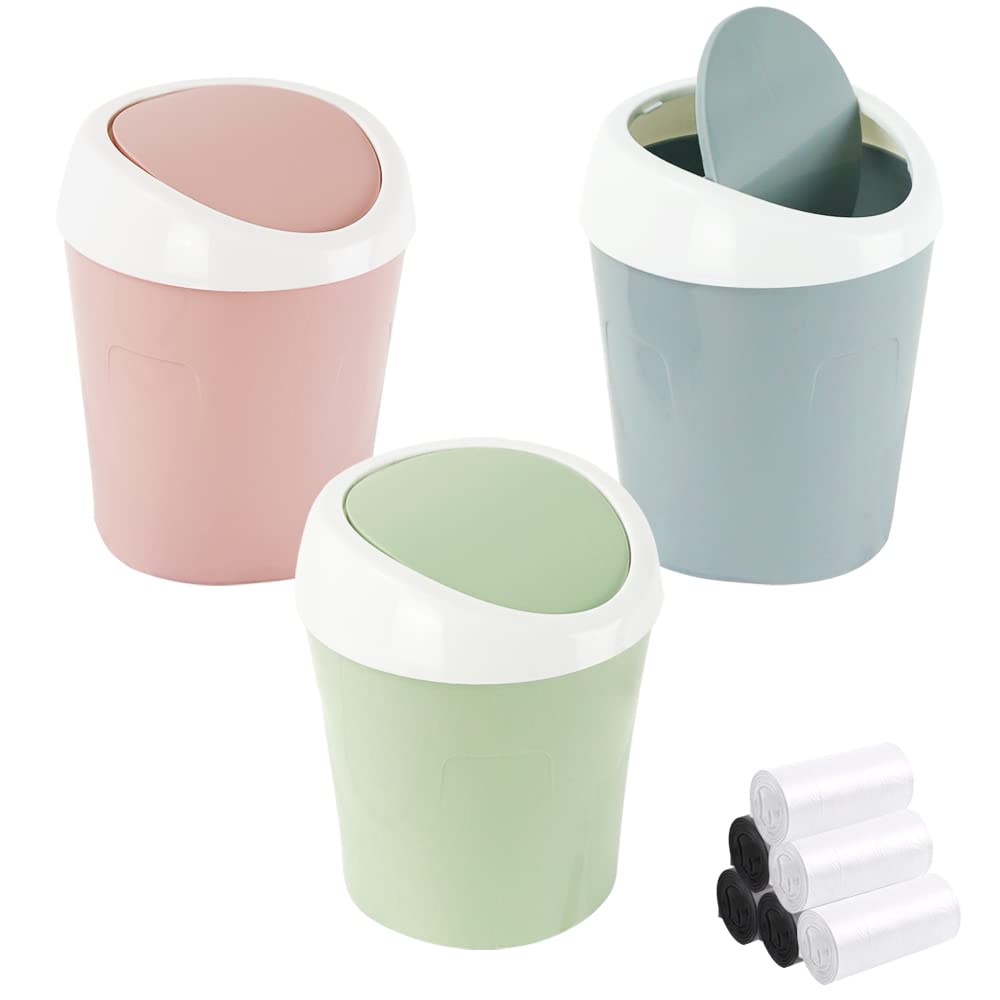 [Australia - AusPower] - SITAKE 3 Pcs Plastic Mini Wastebasket Trash Can with 4 Rolls of Trash Bags, Tiny Desktop Waste Garbage Bin with Swing Lid for Home, Office, Kitchen, Vanity Tabletop, Bedroom, Bathroom (Blue + Green + Pink) 